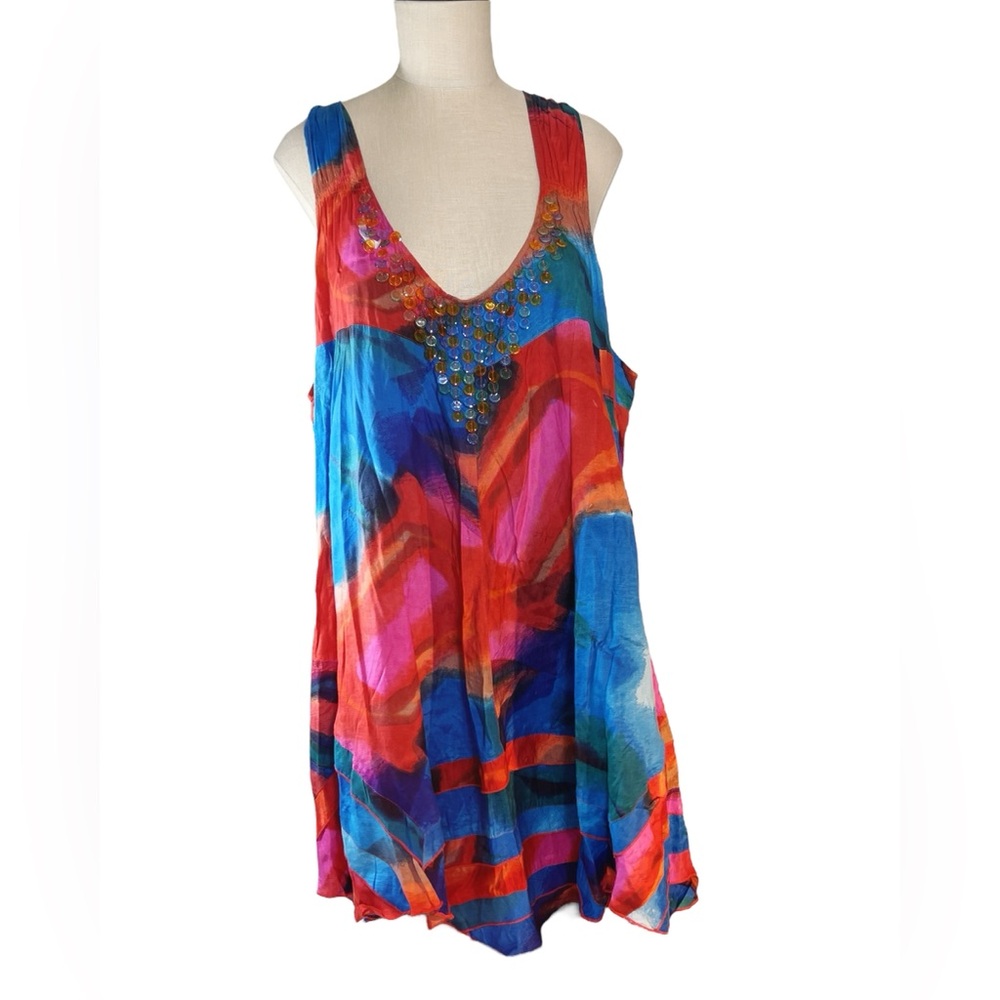 Denim 24/7 Multicolor Swim Coverup Beaded V-Neck Flowing Silhouette Sz 32W EUC